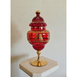 Bohemian 14" Ruby Red Crystal Apothecary Jar with Grecian Design